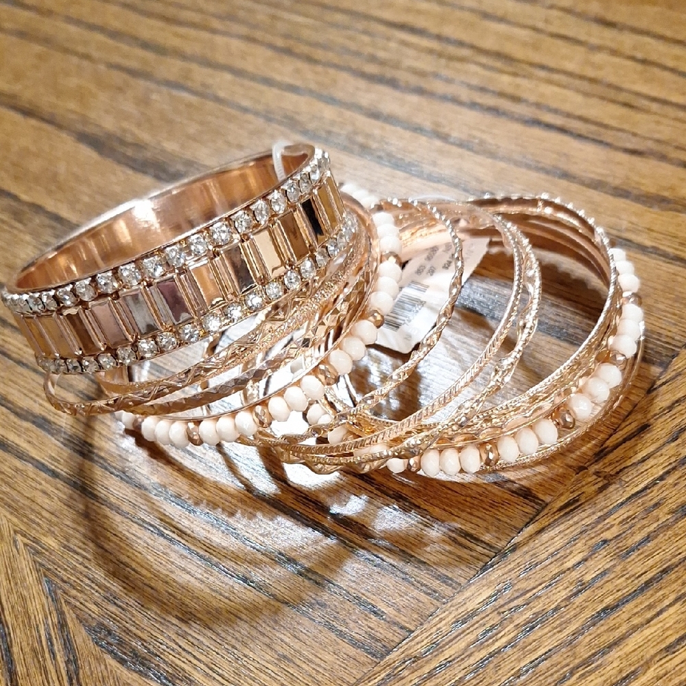 New York & Company Chic Rose Gold and White Bangle Set